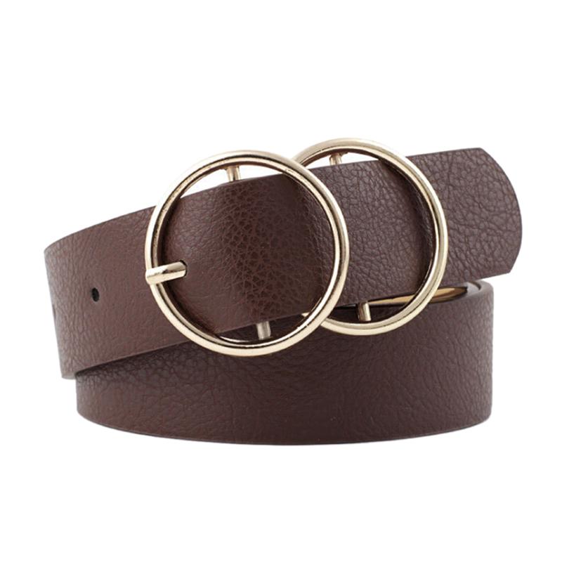 Women Girls Faux Leather Belt Round Ring Metal Double Buckle Waistband JD
