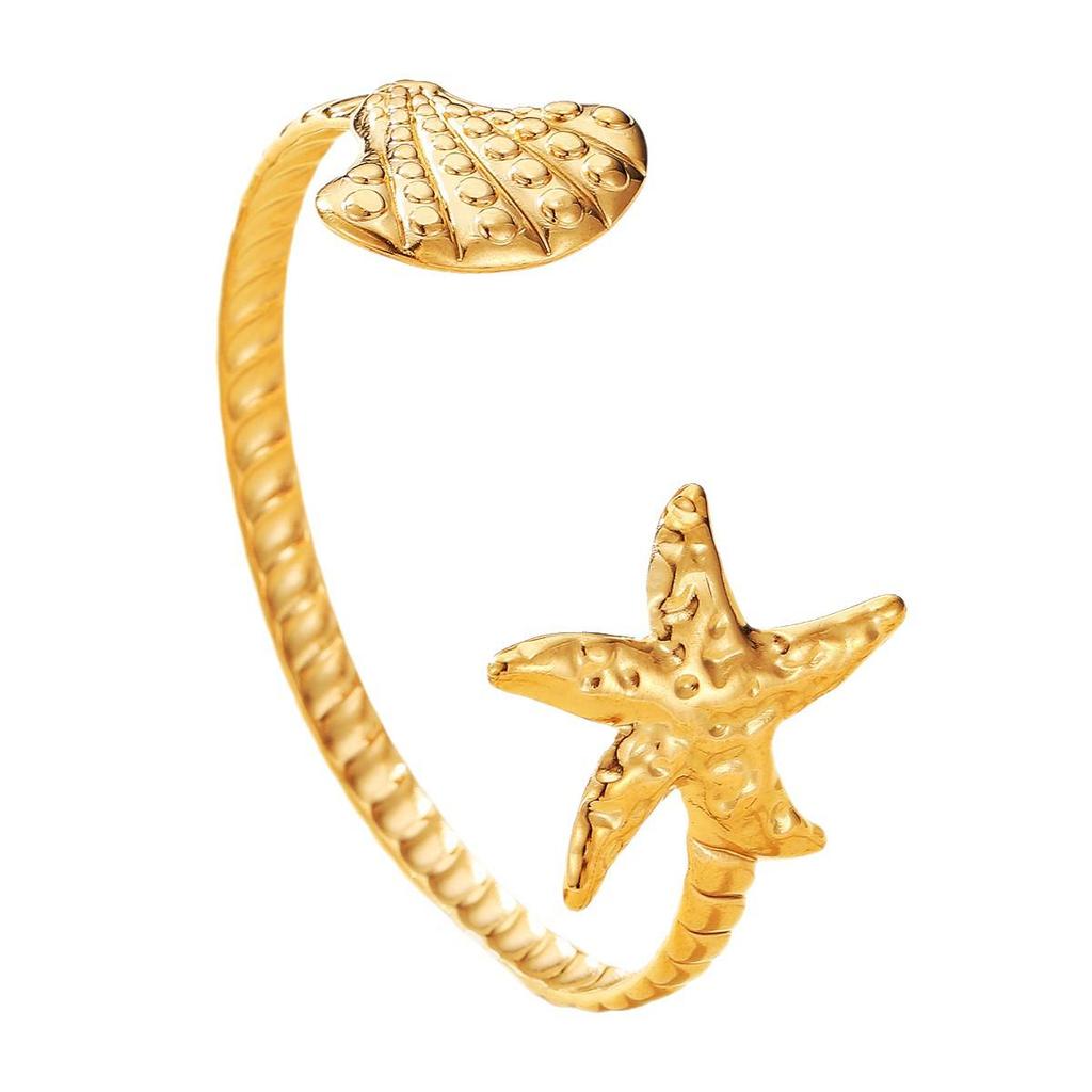 18K Gold Starfish Shell Beach Resort Stainless Steel Open Bracelet