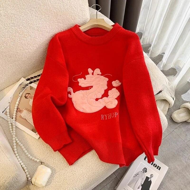 

Новый модный красный женский свитер с вышивкой, универсальный повседневный женский трикотаж, осень-зима, свободные пуловеры с круглым вырезом