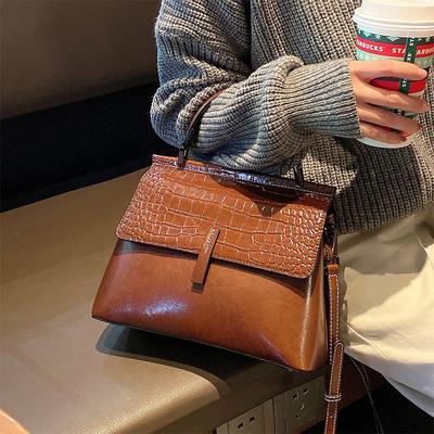 Genuine Leather Crocodile Pattern Cross-span Bag New Fashionable Niche Handbag Oil Wax Leather Women's Shoulder Bag