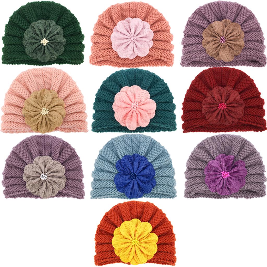 European & American Children's Knitted Woolen Hat with Flower - Warm Baby Hat for Autumn & Winter