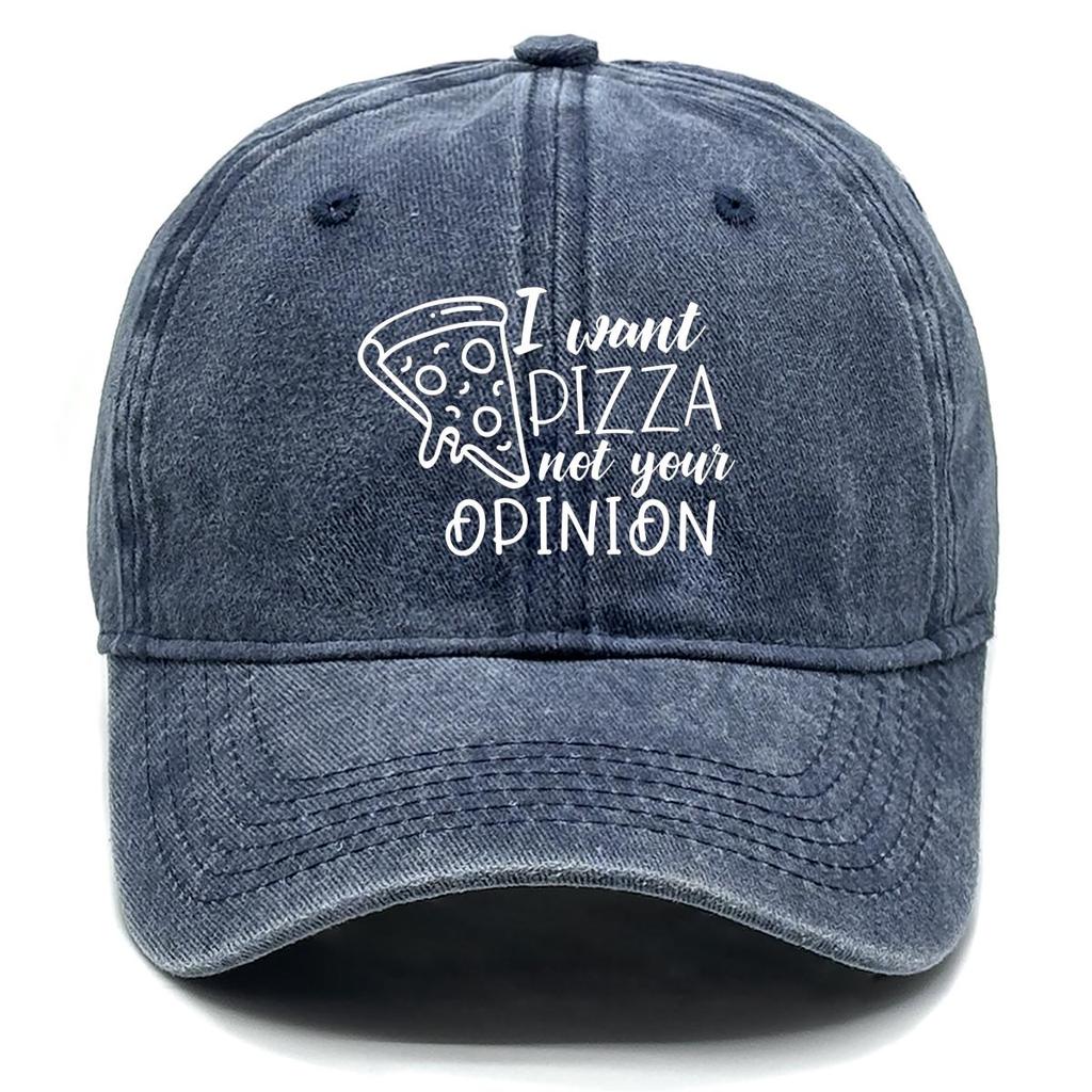 I want pizza not your opinion" Print Snapback Sun Hat, Trucker Hat Sun Protective Sporting Headwear Distressed Adjustable Baseball Hat