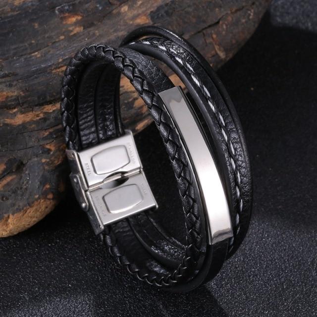 New Trendy Leather Bracelet Men Stainless Steel Handmade Bangles Male Wristband Charm Hand Jewelry Boyfriend Husband Gift Sp1037