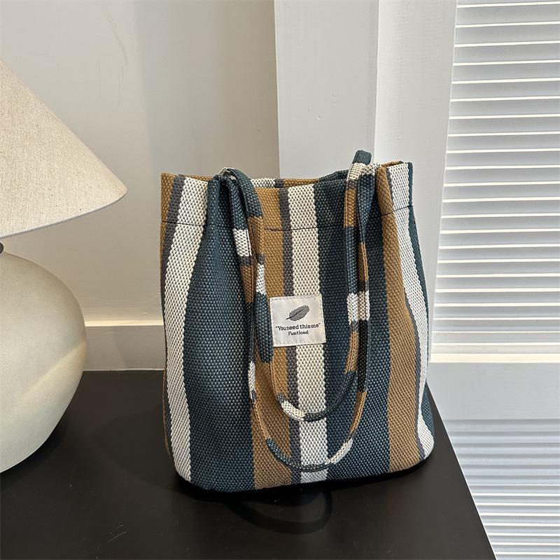 2023 Striped Canvas Tote Bag: Casual, Large Capacity, Autumn Fashion, Shoulder & Handheld