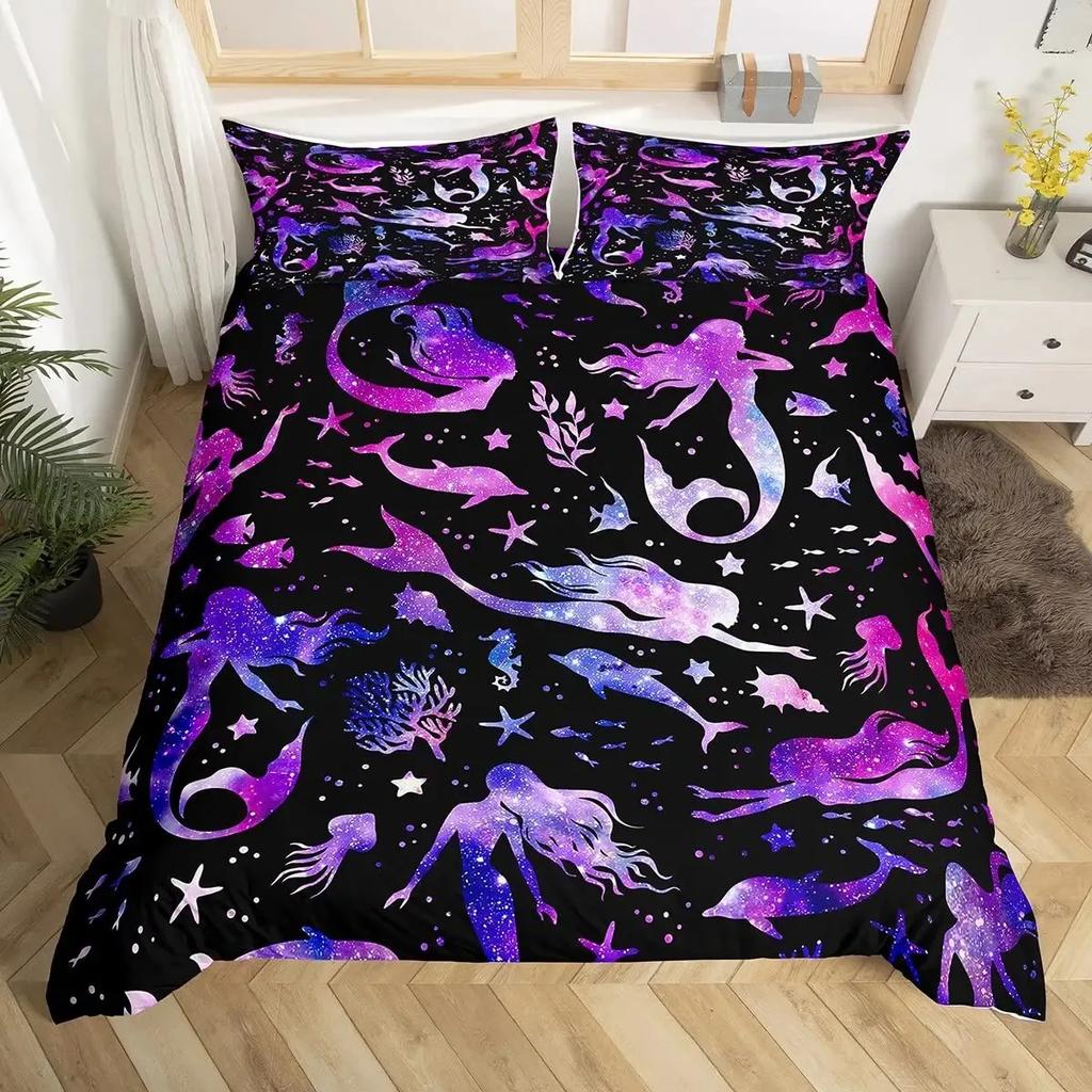 Blue Sea And Galaxy Duvet Cover Set Full,3D Whale Ocean Creatures Bedding Sets Space Starry Mysterious Nebula Comforter Cover