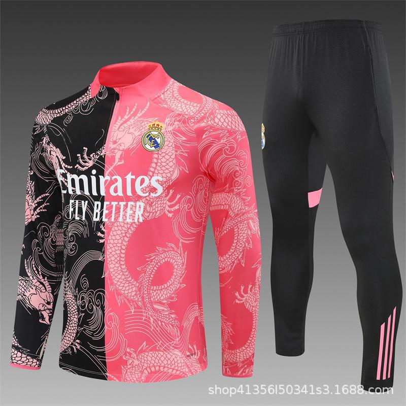Maglia da Allenamento da Calcio Real Madrid a Maniche Lunghe Mezza Zip Tuta per Adulti e Bambini Stampa Maglia Mbappe