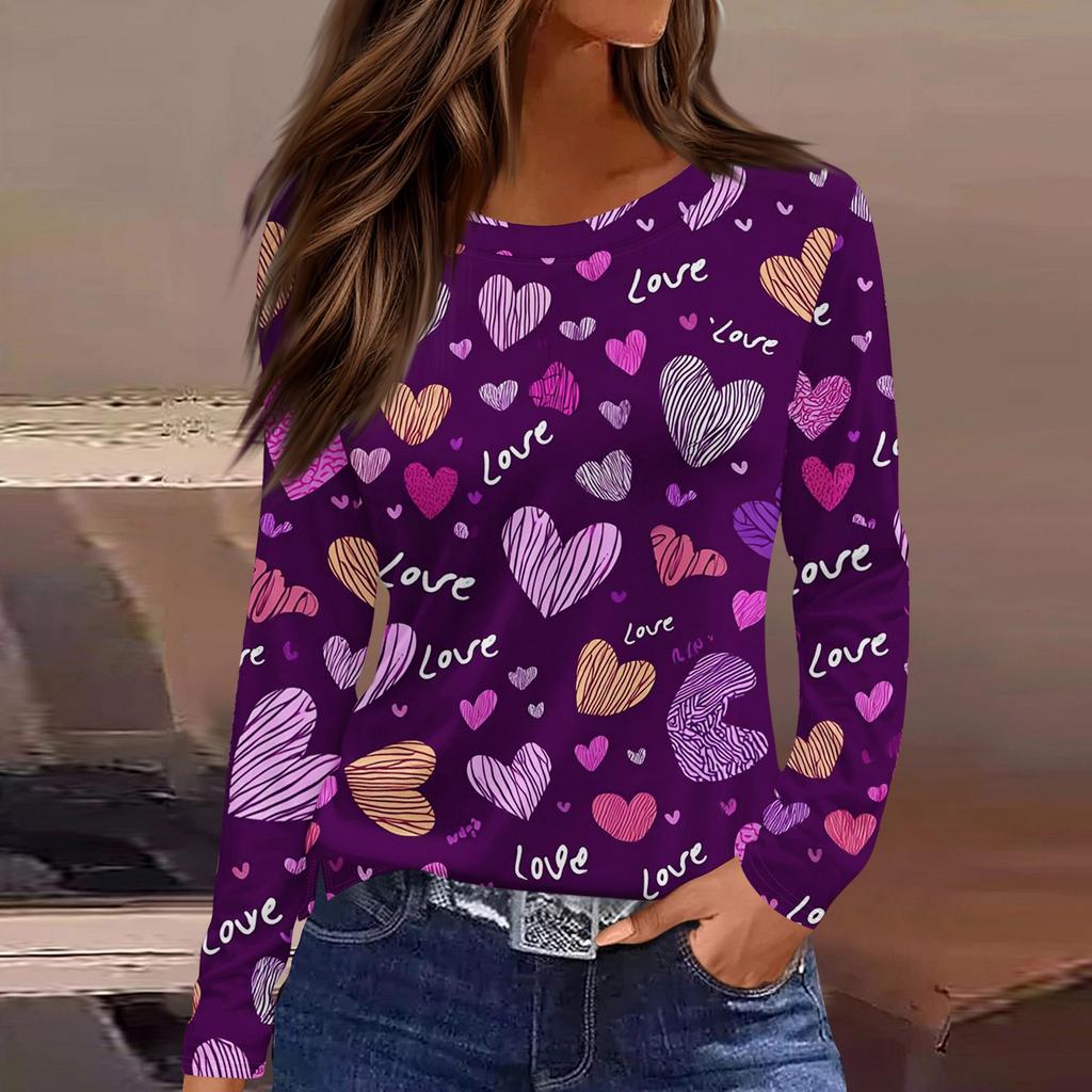 Women's Fashionable Long-Sleeved Round Neck Top with Slit Hem and Valentine's Day Heart Print