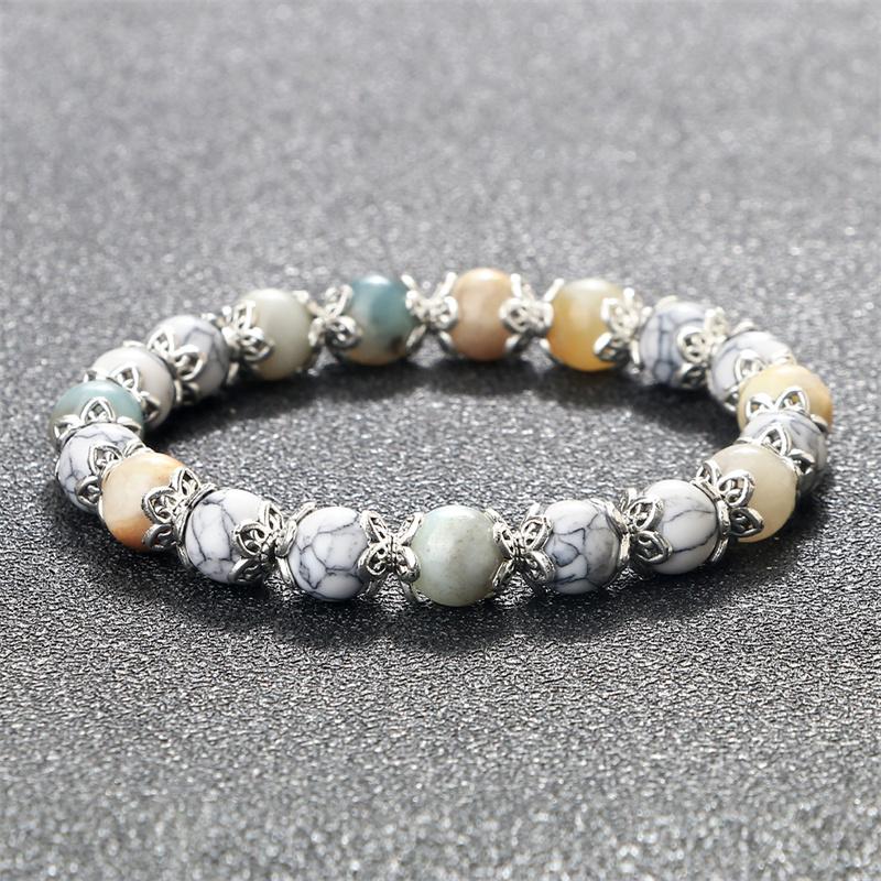 8mm White Howlite Stone Women Bracelet Metal Spacer Charm Natural Agates Pink Rose Quartz Beads Bracelets for Men Jewelry Gifts