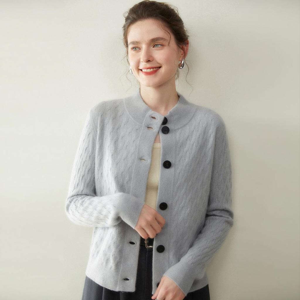 Elegant Korean Style Cable Knit Cashmere Cardigan for Women - Stand-up Collar, Versatile Autumn/Winter Sweater