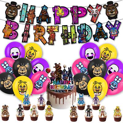 34 vnt. Five Nights at Freddy's vakarėlio reikmenys apima torto viršūnėlę, balionų girliandą ir banerį.