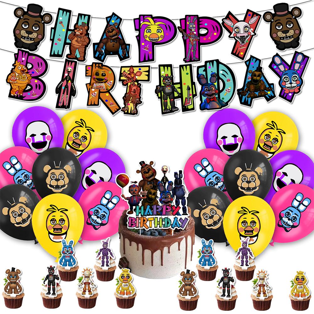 34 stk Five Nights at Freddy's festartikler inkluderer kaketopp, ballong, banner
