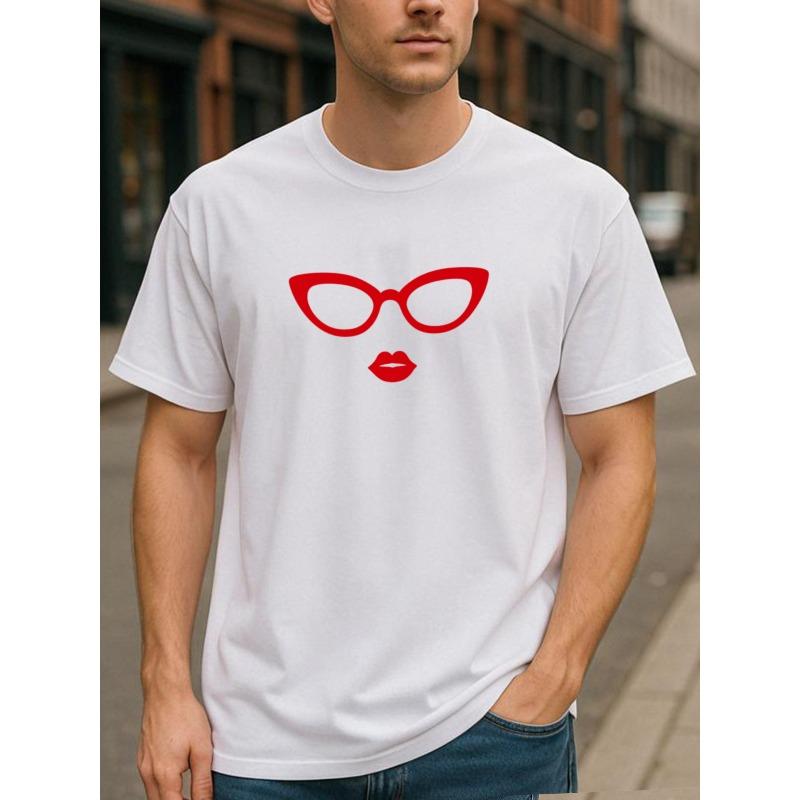 European sizes Red-framed Glasses and Red Lip Print T-shirt | Versatile for Fitness Training, Casual Weekend Wear, Crew Neck, Regular Fit