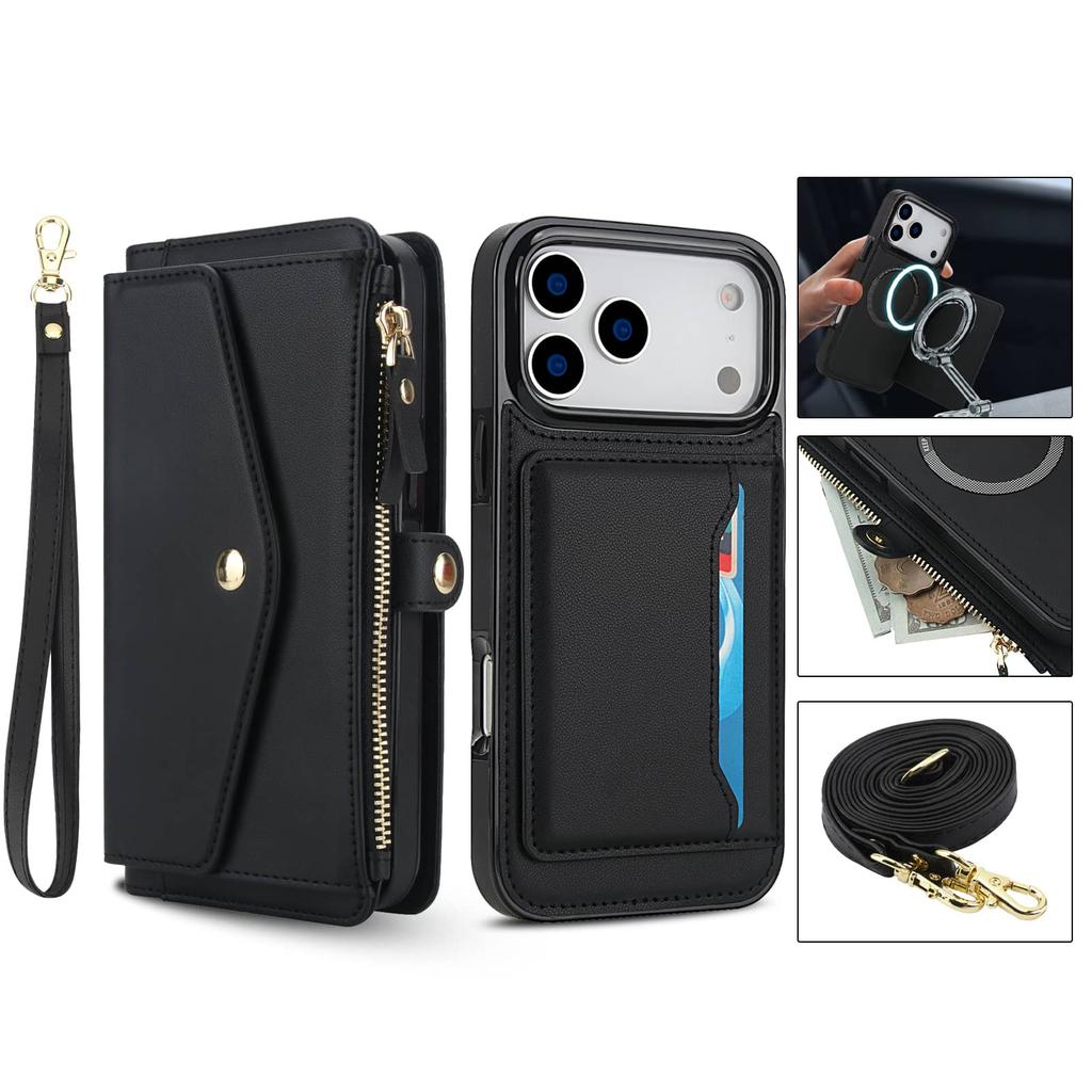 Pro iPhone 17 Pro Max/Air/17 Pro Pouzdro s peněženkou, Držák na karty s RFID blokováním, Odnímatelný magnetický kryt na telefon s popruhem přes rameno