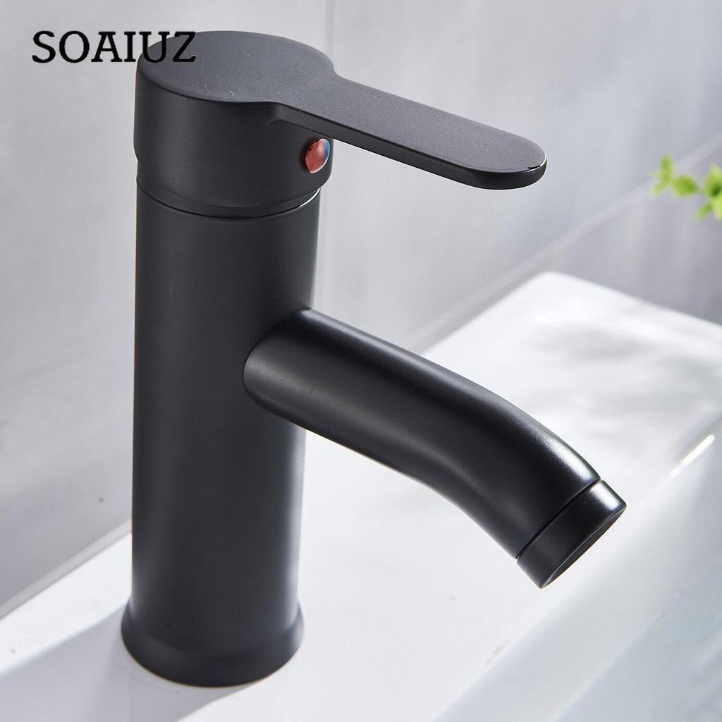 Matt Black Bathroom Tap Round Stainless Steel Basin Mixer Tap Wide Single Handle