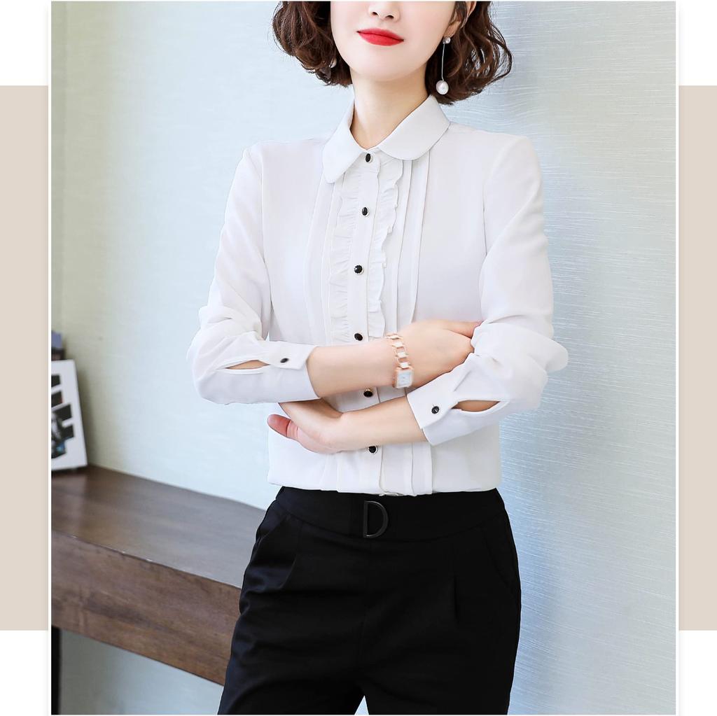 Bolan Verl White Long Sleeve Blouse with Casual Solid Perfect for Office Size M Women's Ruffles, Top, Color, Thick, Elegant, Commuting, Business,