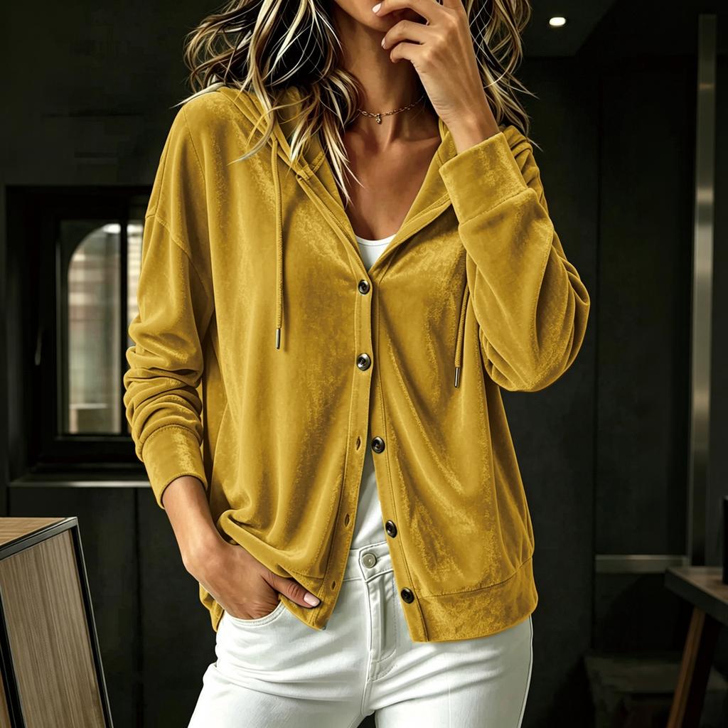 Women's Button Down Hooded Cardigan Long Sleeve Loose Fit Color Casual Top