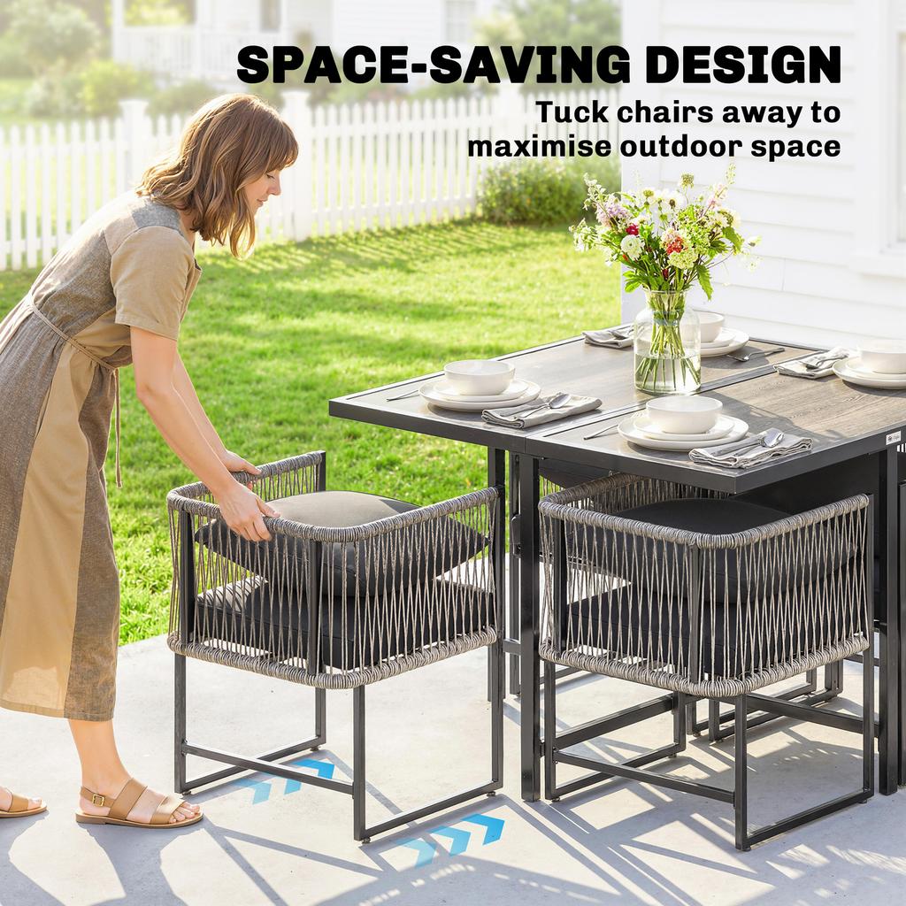 4-Seater Garden Dining Set, Rattan Outdoor Furniture with Space-Saving Chairs and Thick Cushions for Patio Balcony Black