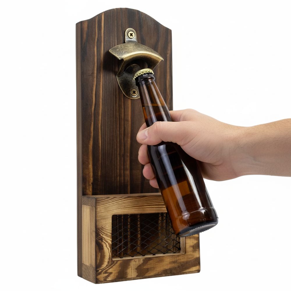 Ouvre-bouteille en bois mural Ouvre-bouteille en bois avec collecteur de capsules Ouvre-bouteille Vintage Ouvreur 2-en-1 Collecteur Ouvre-bouteille de bière Décoration de bar