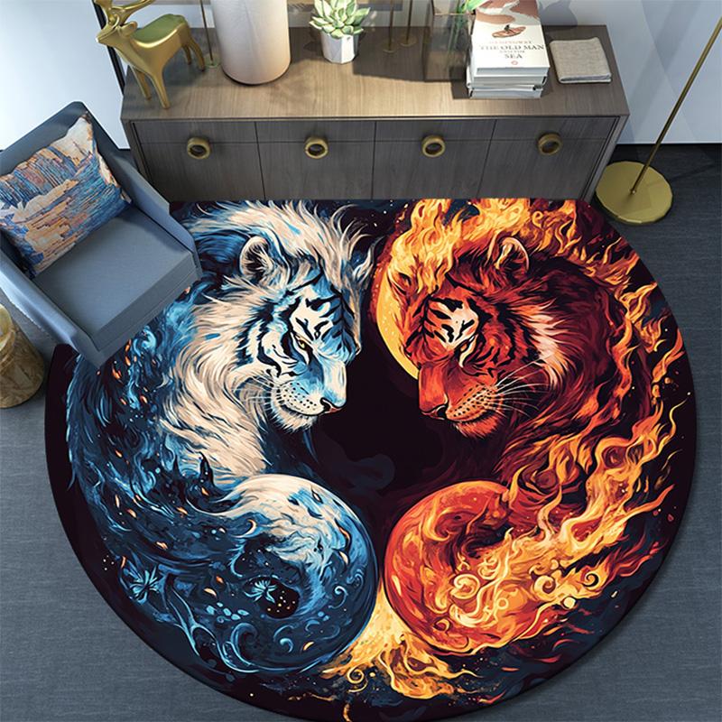 Yin Yang Tiger Round Area Rug,Carpet Rug for Living Room Bedroom Sofa Playroom Decor,Non-slip Floor Mat