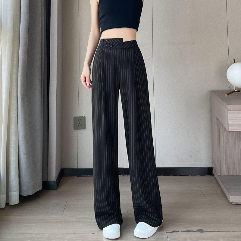 

Women s Black Striped High-Waist Wide-Leg Pants - Autumn, Irregular Hem, Slimming Drape, Floor-Length, Casual Straight. XL (115-125 lbs)