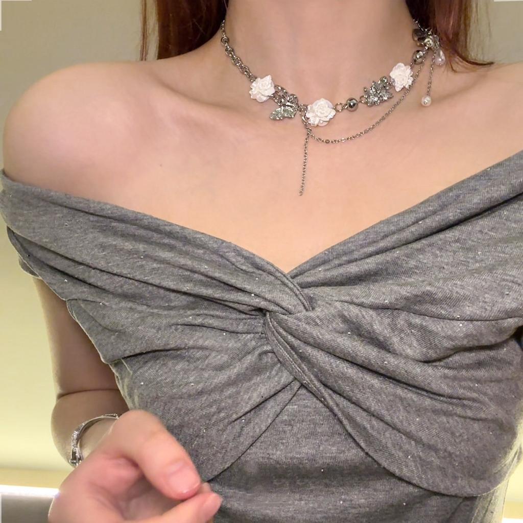 French White Flower Butterfly Pearl Tassel Choker, Light Luxury Clavicle Necklace