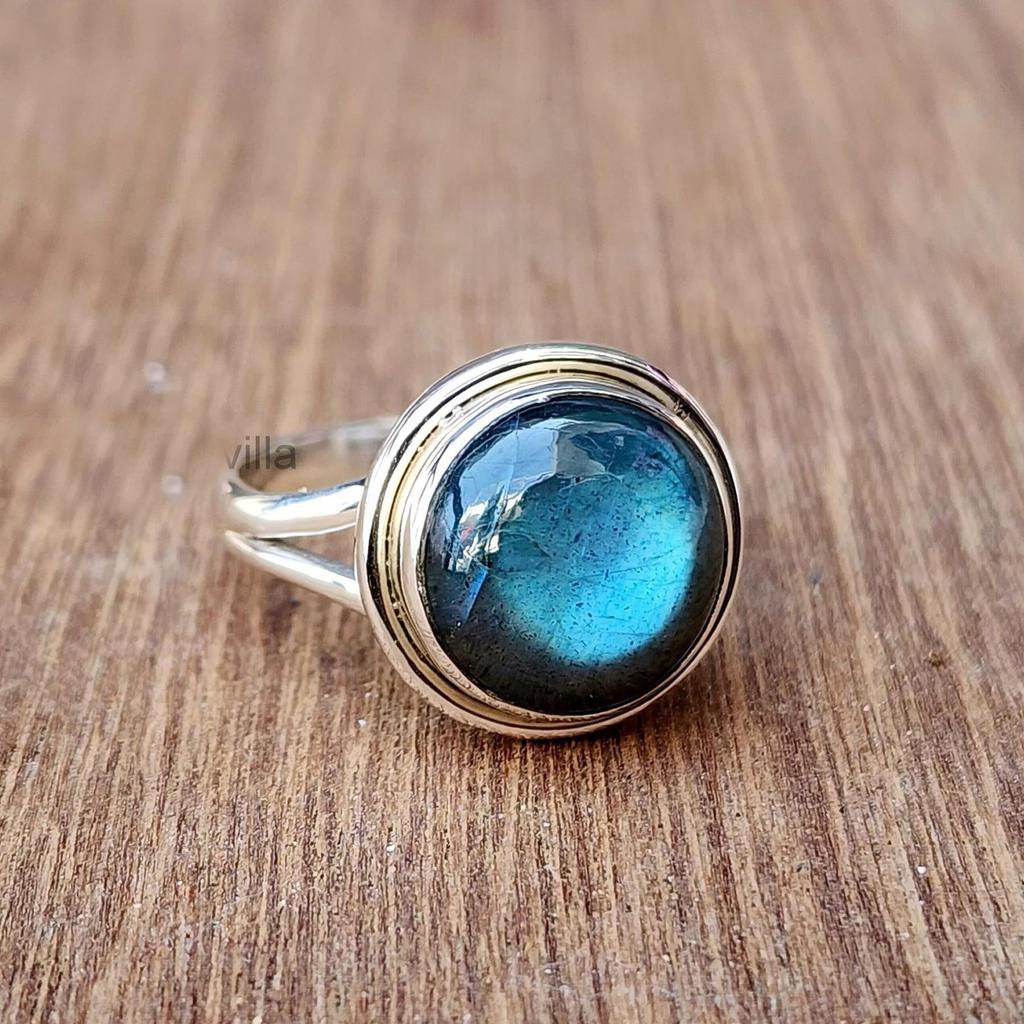 Piedra Preciosa Labradorita Fuego Azul Natural Anillo de Plata de Ley 925 Joyería, Regalo Hecho a Mano Anillo de Labradorita