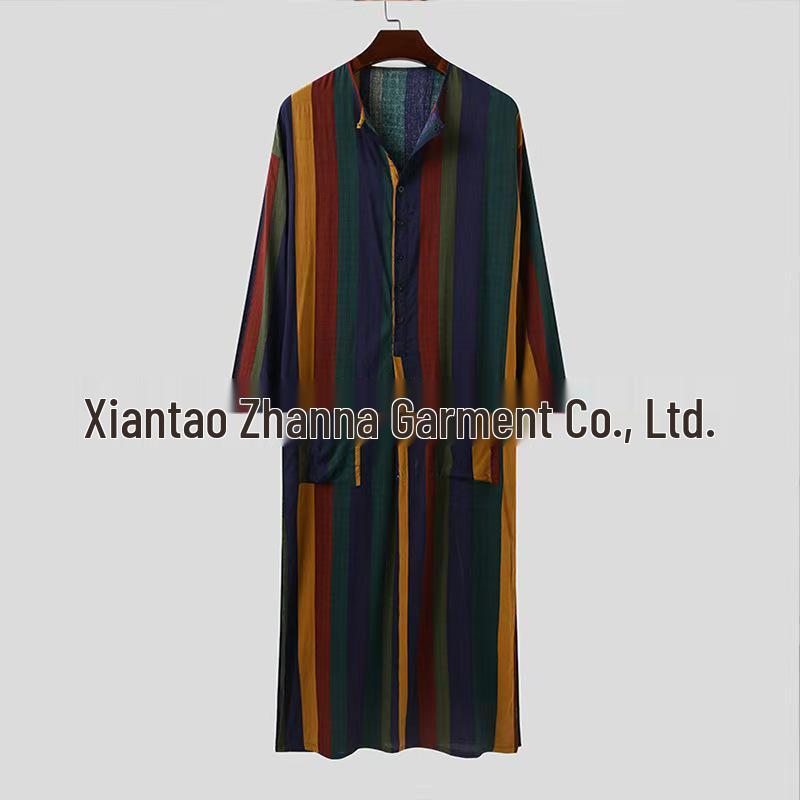 Men's Striped Muslim Long Robe Jumpsuit Tang Suit with Stand-up Collar