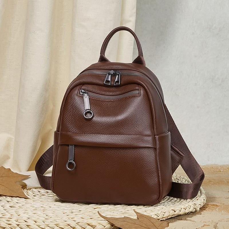 Premium Cowhide Leather Backpack for Ladies - Multi-pocket Casual Backpack