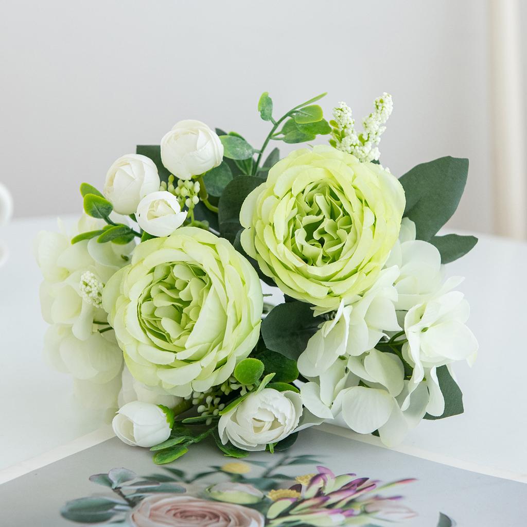 White Green Artificial Flower Bouquet, Fake Silk Roses & Peony with Eucalyptus for Home Wedding Decor
