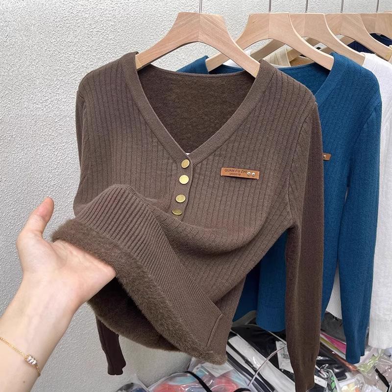 

Утолщенный бархатный свитер с V-образным вырезом женский корейская мода на подкладке теплый суэтер вязаный пуловер облегающий топ зимний трикотаж джемпер 2XL