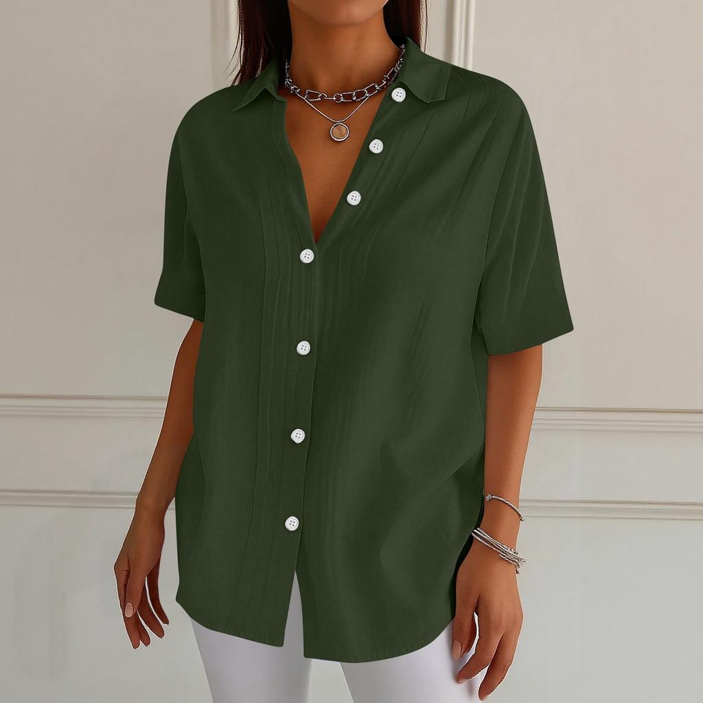 Chemise à manches courtes boutonnée et col pour femme -couleur