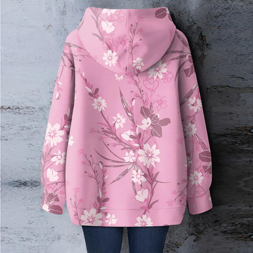 Women's Floral Print Loose Casual Long Sleeved Hooded Sweatshirt