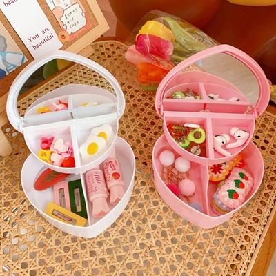 Large Capacity Heart Shape Jewelry Box Double Layer Plastic Jewelry Organizer Display with Mirror Portable Jewelry Case Boxes