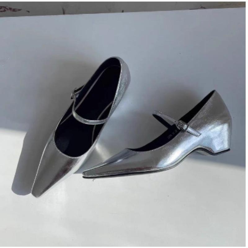 

Patent leather pointed commuter high heels single shoes inner height increase one-word buckle temperament Mary Jane shoes 40 срібний
