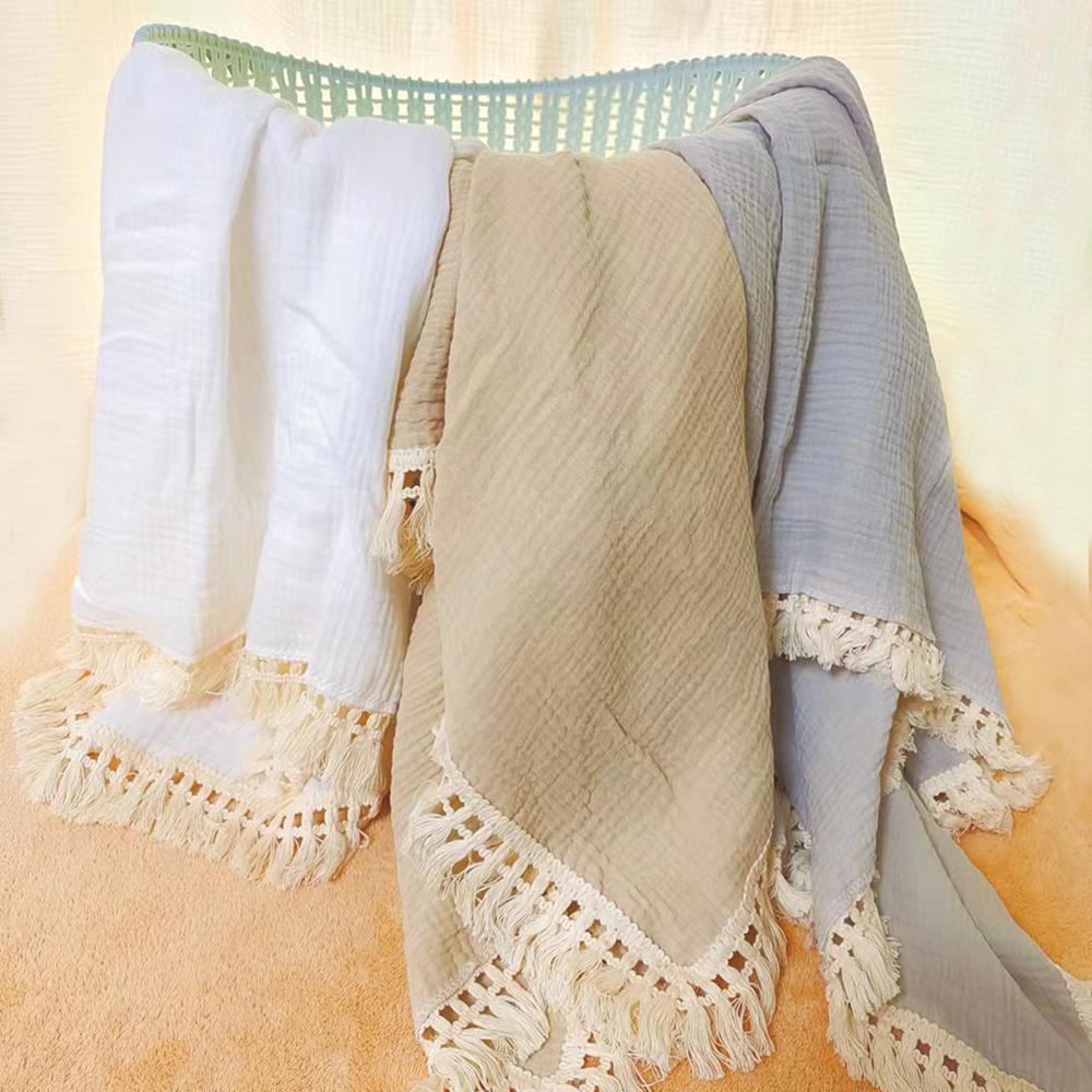 Cotton Muslin Swaddle Blankets for Newborn Baby Tassel Receiving Blanket New Born Swaddle Wrap