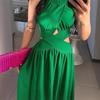 European and American new women's clothing sleeveless exposed navel big pendulum dress high waist backless strap dress dress