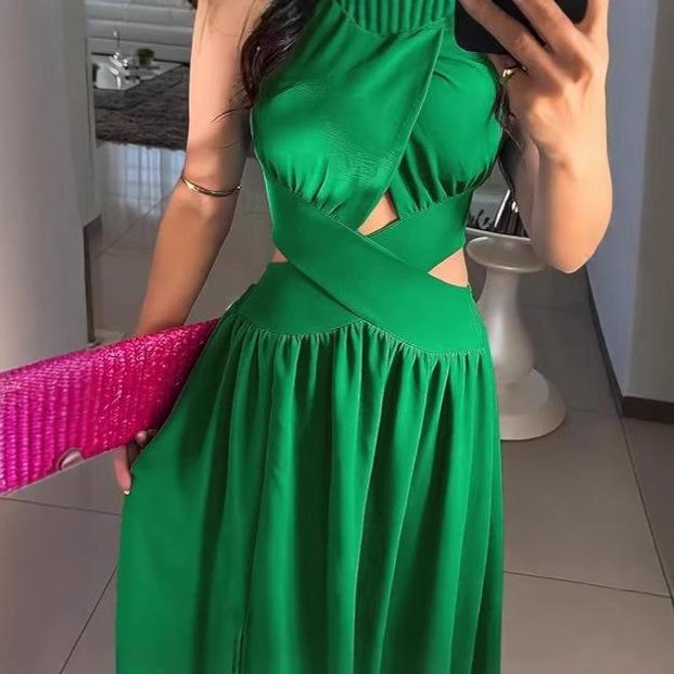 European and American new women's clothing sleeveless exposed navel big pendulum dress high waist backless strap dress dress