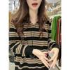Women's V-neck Striped Knitted Shirt with Contrast Splicing and Fashionable Western Style Bottom Coat