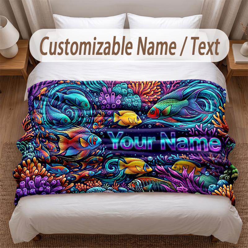 Fish Ocean Theme Soft Blanket Personalized Custom Name Text Print Warm Blanket Home Sofa Bedroom Decor