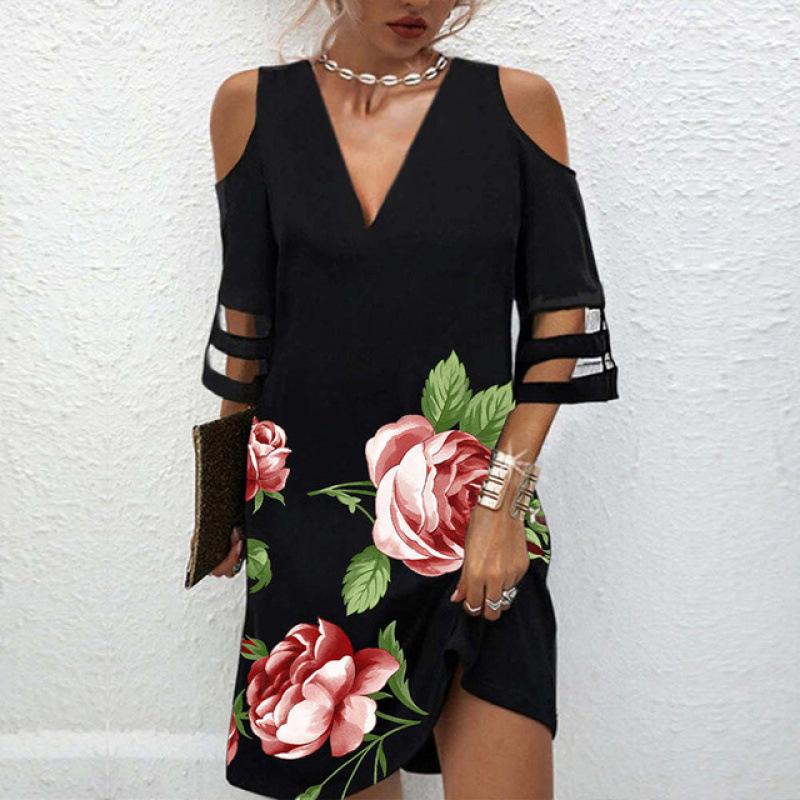 Women Off Shoulder V Neck 3/4 Sleeve Dress with Cut Out Detail Multi Pattern Midi Dress