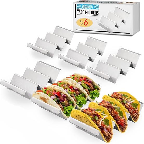 Stainless Steel Taco Holders Set of 6 - Each Metal Taco Stands for 3 Tacos - Taco Rack with Handles - Stylish Taco Shell Holders - Oven & Dishwasher silver 6 pack