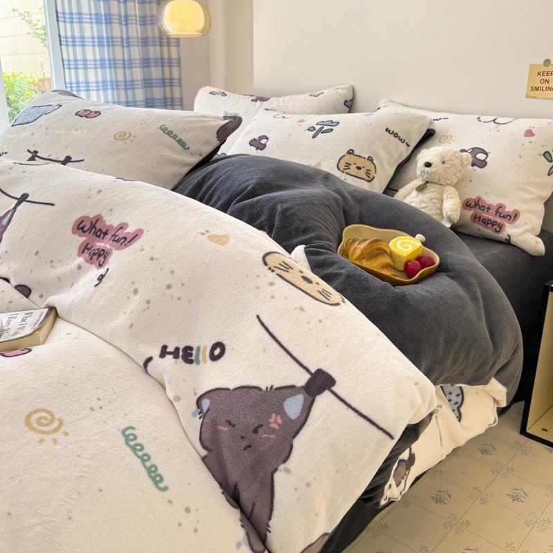 Thickened Milk Fleece Bed Four-Piece Set, Double-Sided Fleece Coral Fleece Quilt Cover, Bed Sheet Three-Piece Set