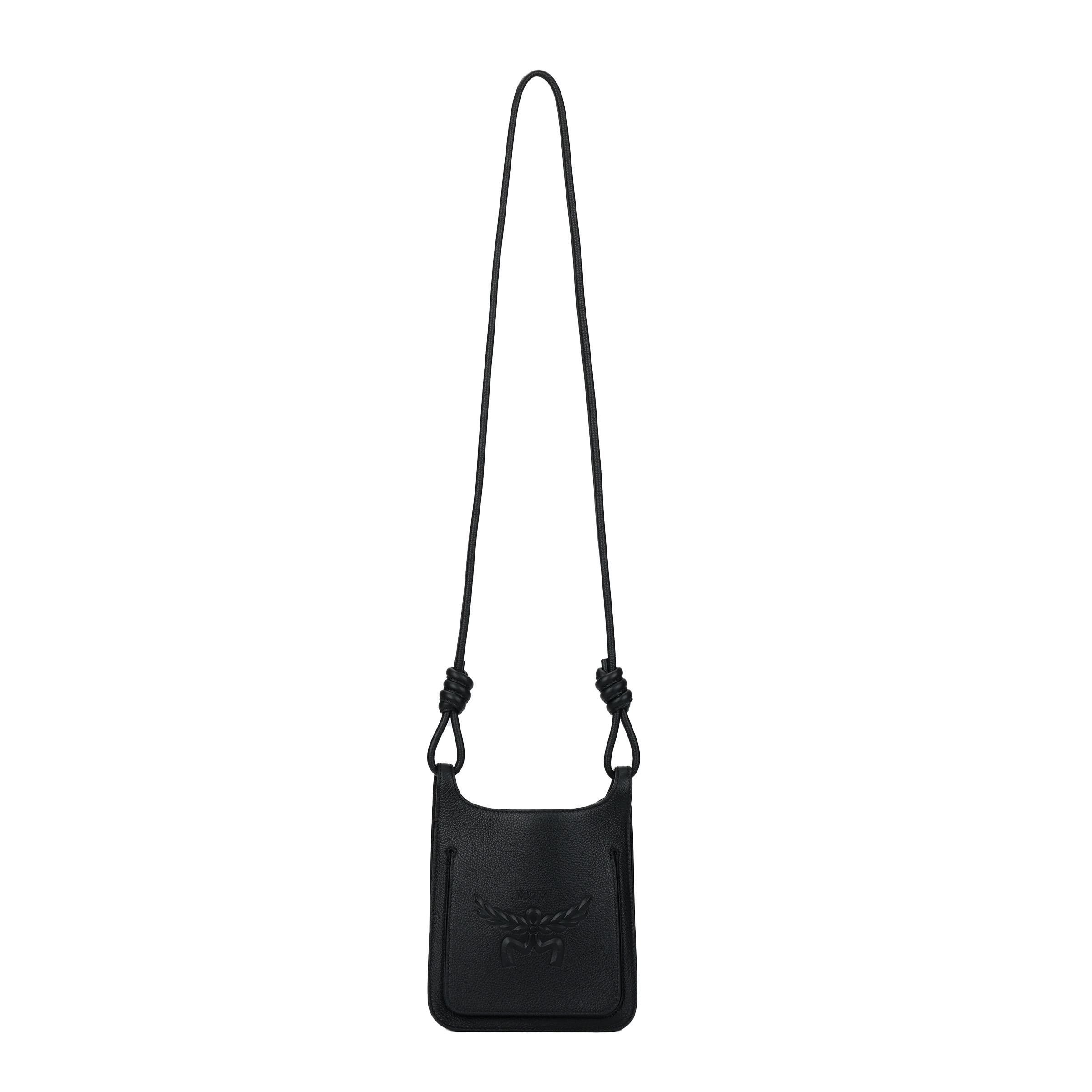 MCM Black Leather Mini Crossbody Bag with Knot Detail Strap Debossed Logo for Daily Casual Use Basic Set BagDust Bag 29440₽