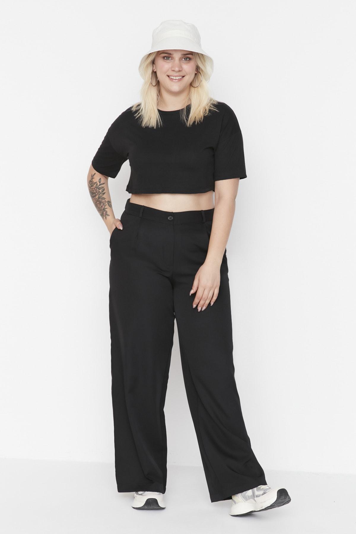 

Women s Plus Size Trousers Fashion New Season Black Wide Leg Woven Trousers XL газета кольору