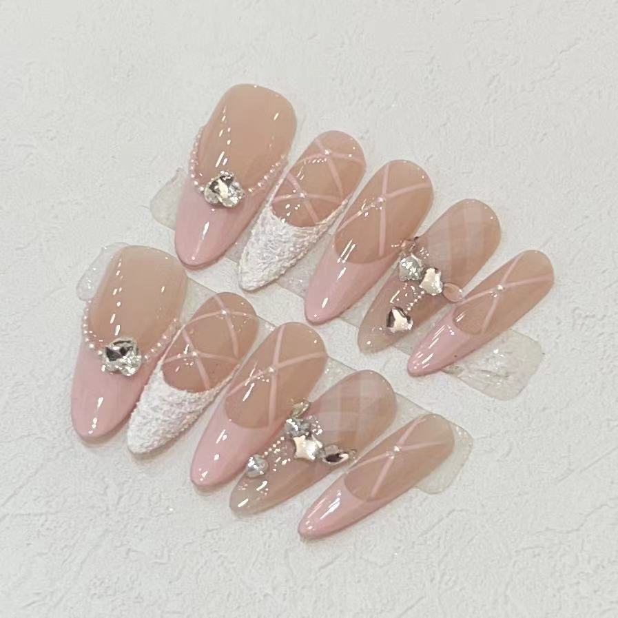 Wearing Armor Handmade Temperament Princess Pink French Gypsum Love Diamond Nail Art Finished Fake Nail Patch Removable