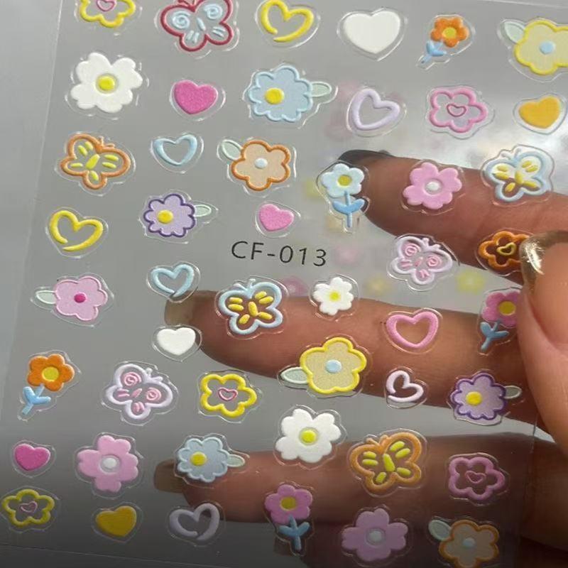 Korean Style 3D Nail Art Stickers - Cute Bear & Flower Design, Waterproof Korean Style Flower Stickers - 1 Sheet