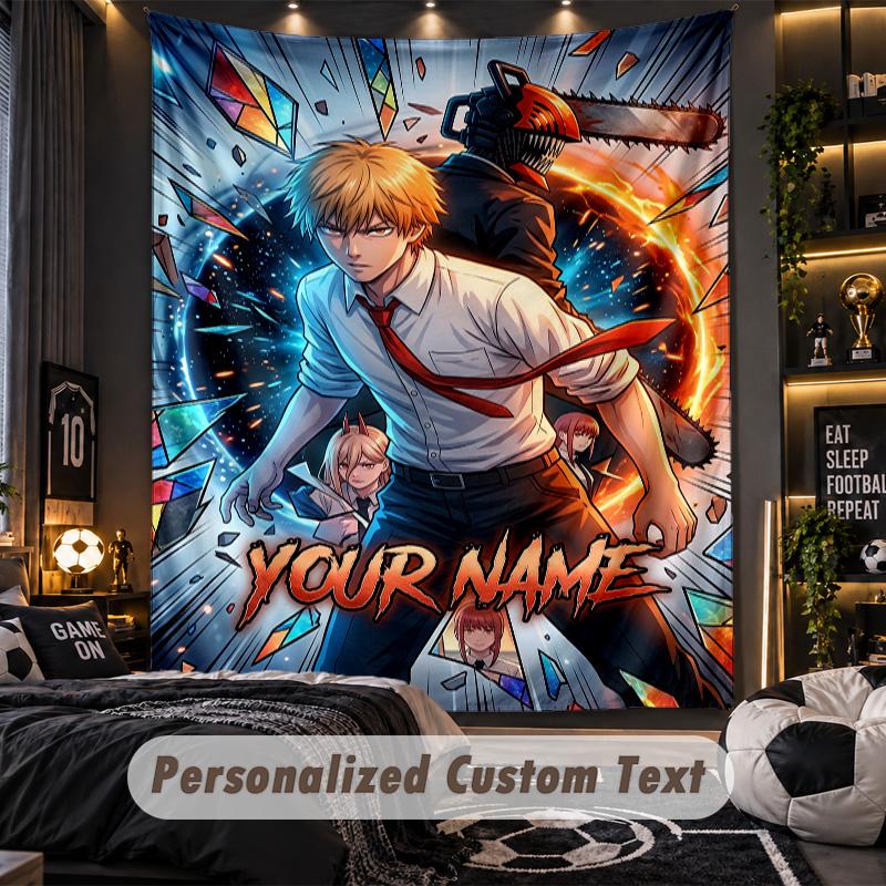 Personalized Wall Tapestry,Chainsaw Man Custom Printed Name, Fabric Wall Art For Indoor Room Backdrop