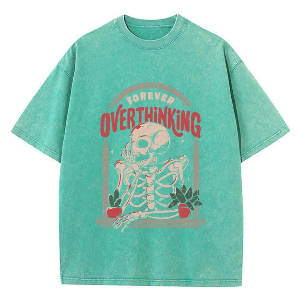 Casual Cotton Washed T-Shirts Skeleton Man On The Balcony Printing Tops Oversize O-Neck Soft Short Sleeve Mans Clothes