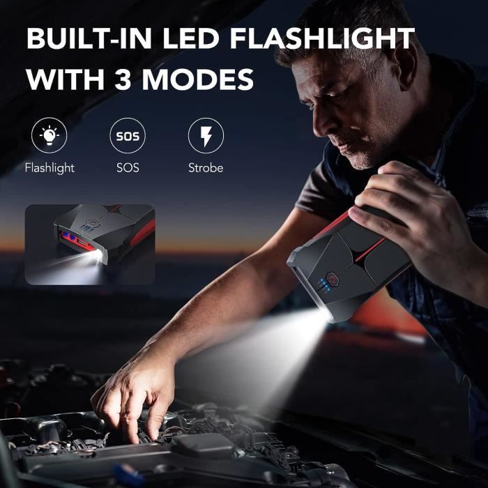 Démarreur Batterie Voiture - FLYLINKTECH - Booster 1500A 13200mAh 12V - Lampe LED - Pince Sécurité - Universel