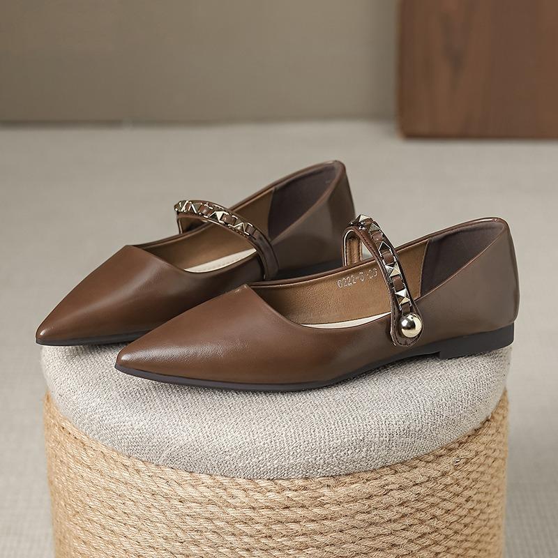 Soft Sole Flats Women's Fashion Rivet Buckle Straps Mary Jane Shoes Elegant Pointed-toe Pumps Lady Microfiber Leather Work Shoes
